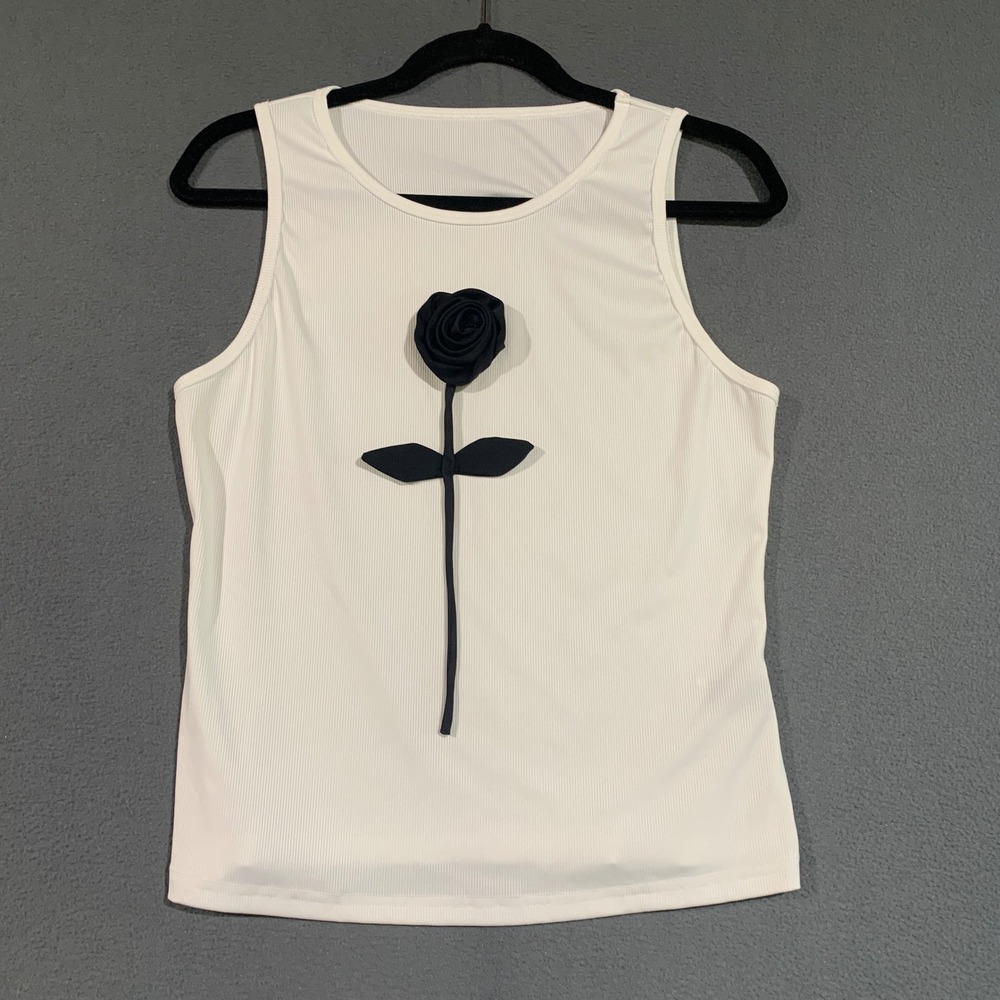 SHEIN Women XL White Ribbed‎ Tank Top Black 3D Rose Floral Applique Sleeveless